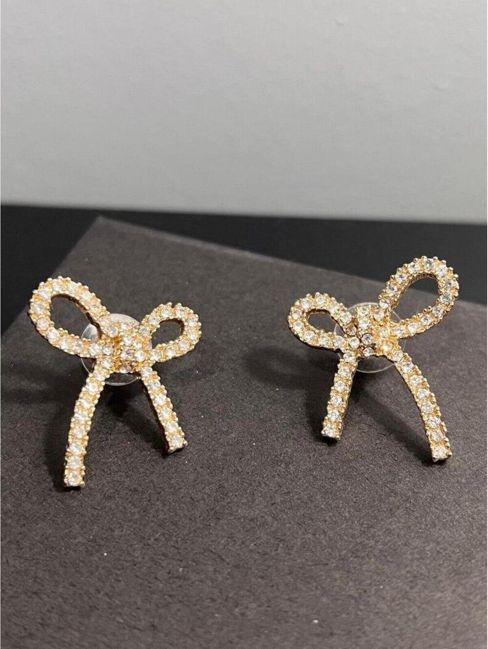 Bow Shaped Stud Earrings in Gold w/ Pave Cubic Zirconia - Picture 6 of 11